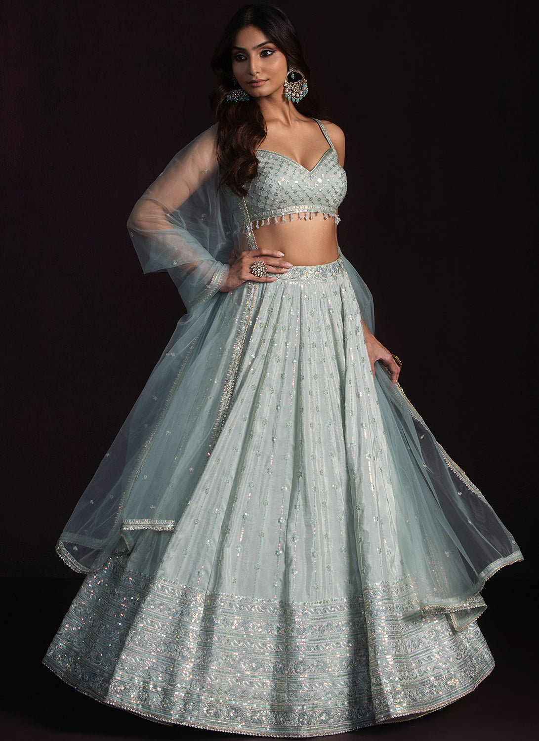 Soft Mint Embroidered Crepe Lehenga