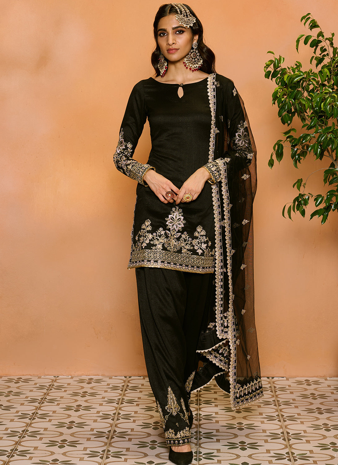 Black Embroidered Punjabi Suit - Main Image