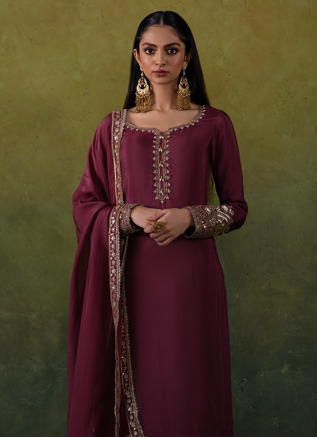 Dusty Burgundy Embroidered Straight Suit