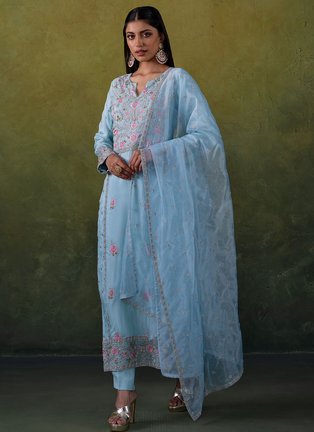Light Blue Embroidered Organza Straight Suit