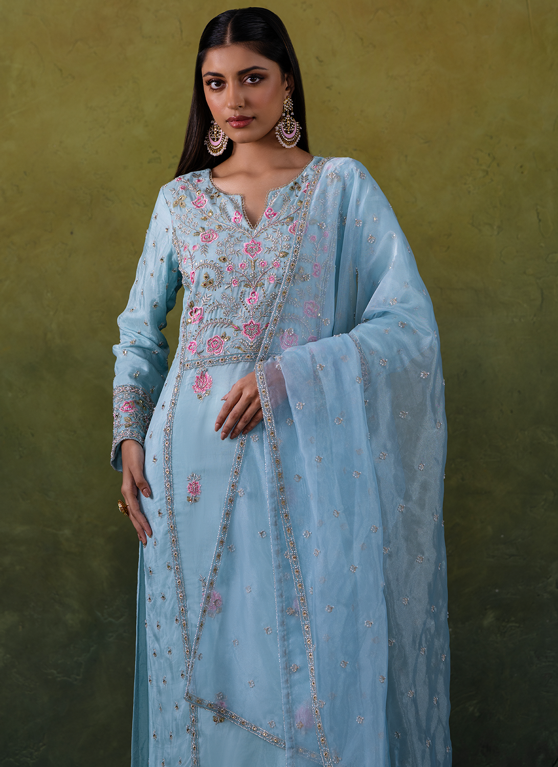 Light Blue Embroidered Organza Straight Suit