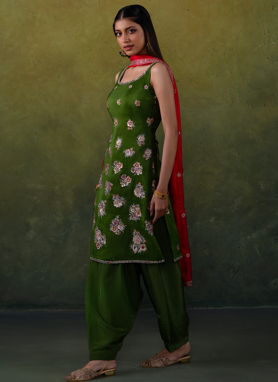 Olive Green Embroidered Silk Punjabi Suit