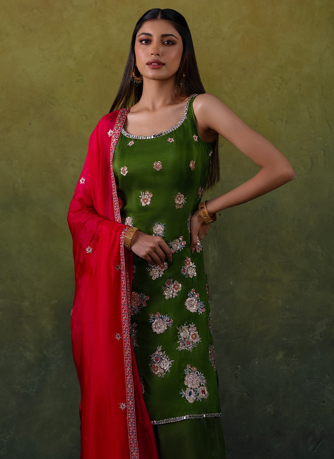 Olive Green Embroidered Silk Punjabi Suit