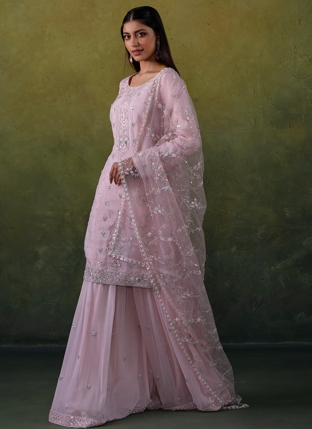 Light Pink Embroidered Organza Sharara Suit
