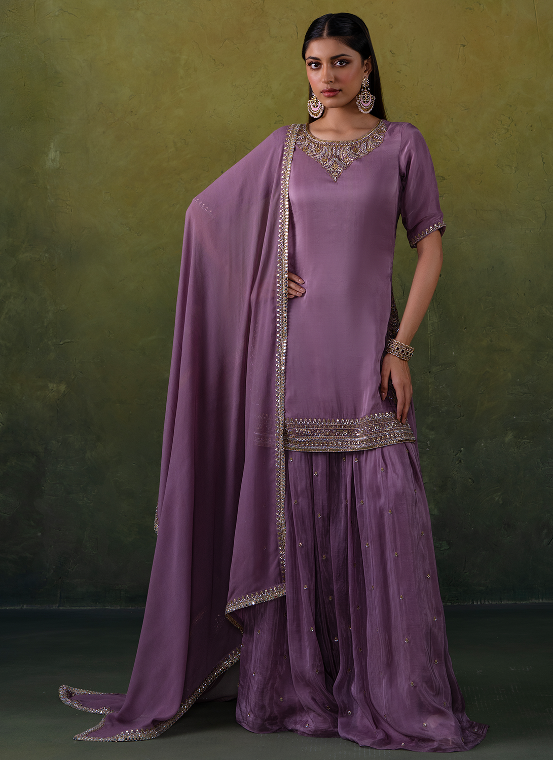 Lilac Purple Embroidered Silk Sharara Suit