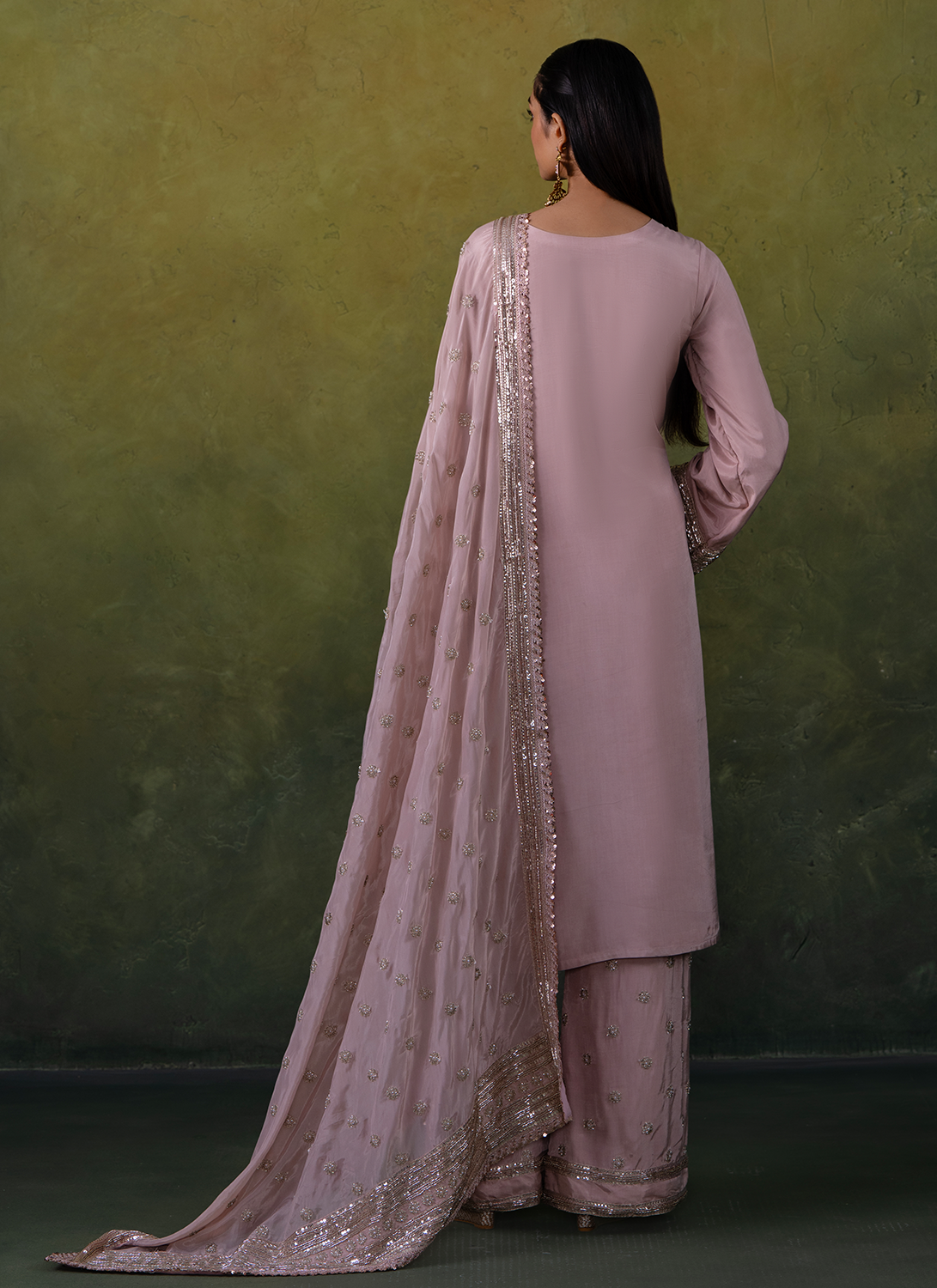Light Pink Embroidered Viscose Silk Palazzo Suit