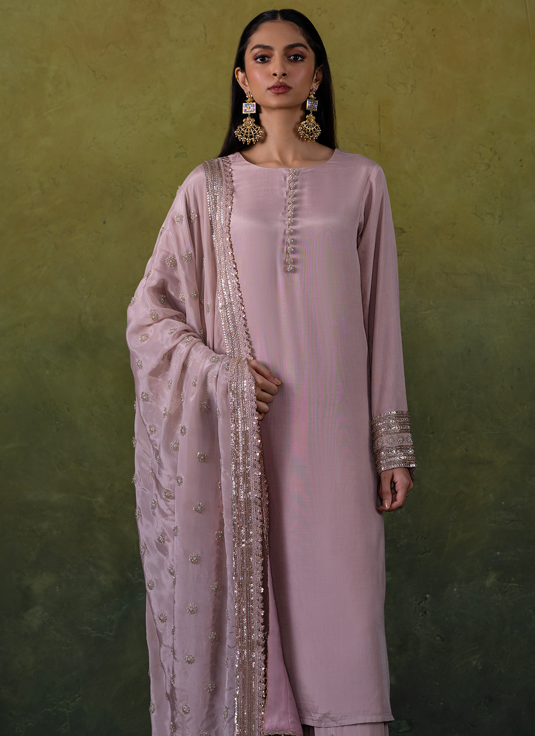 Light Pink Embroidered Viscose Silk Palazzo Suit