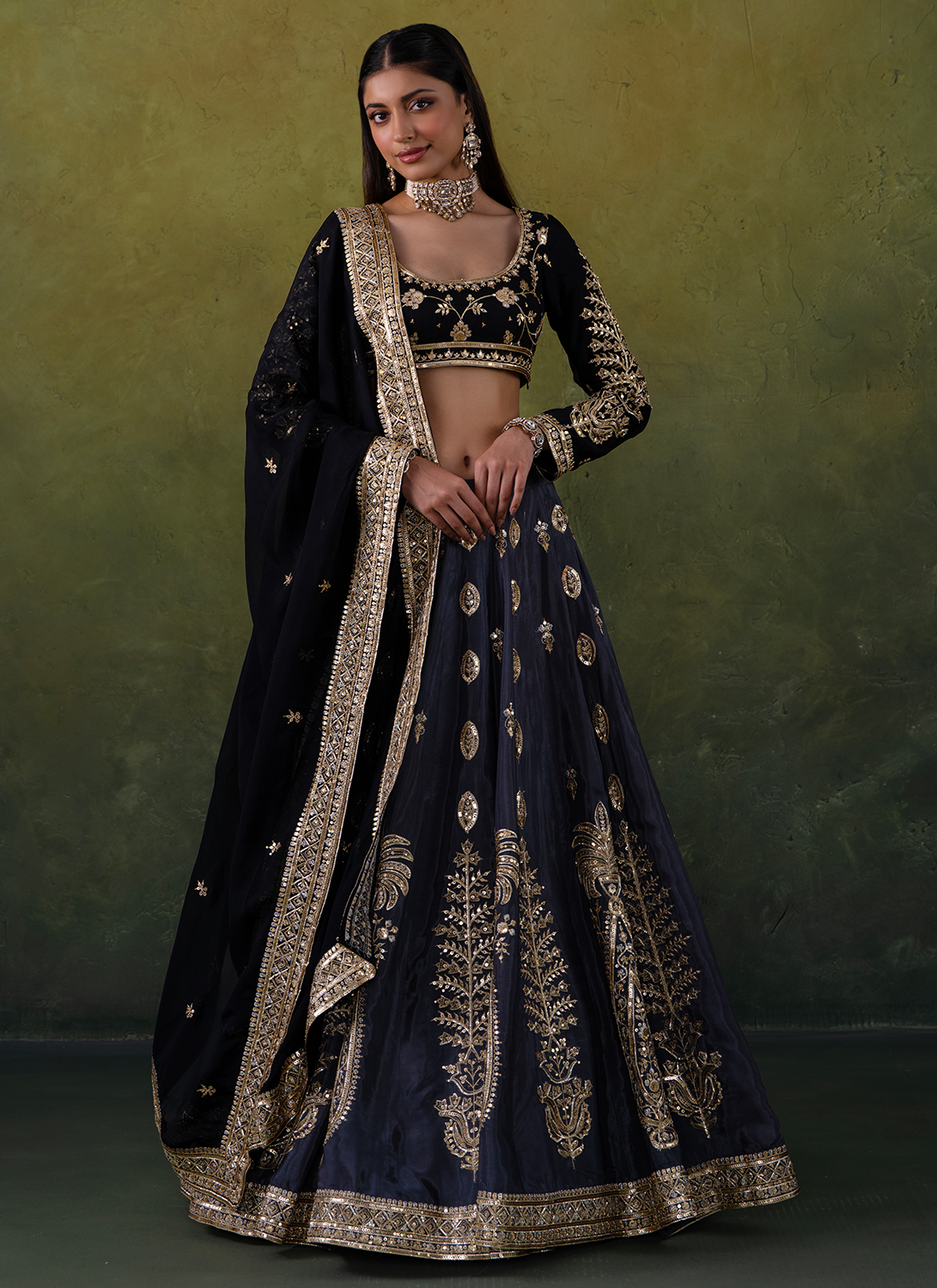 Black and Grey Embroidered Silk Lehenga