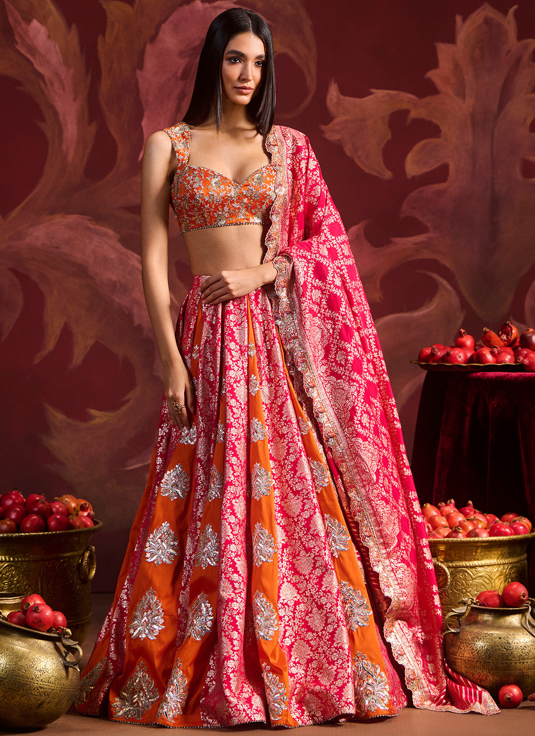 Orange and Pink Embroidered Brocade Lehenga