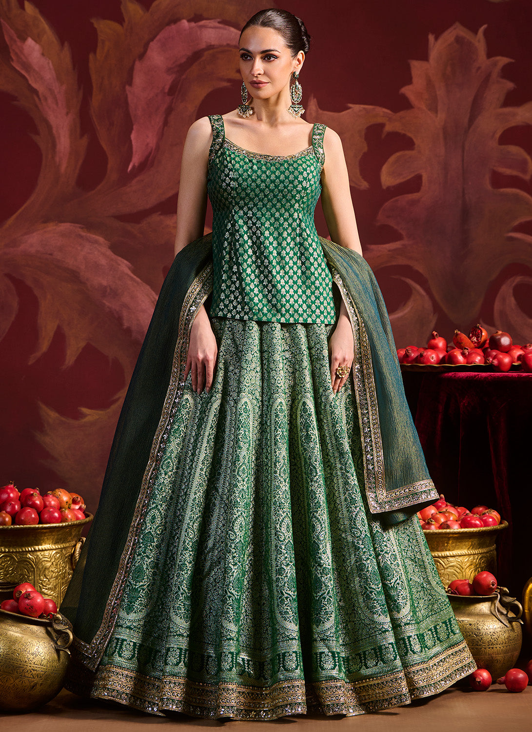 Green Embroidered Brocade Kurti Style Lehenga