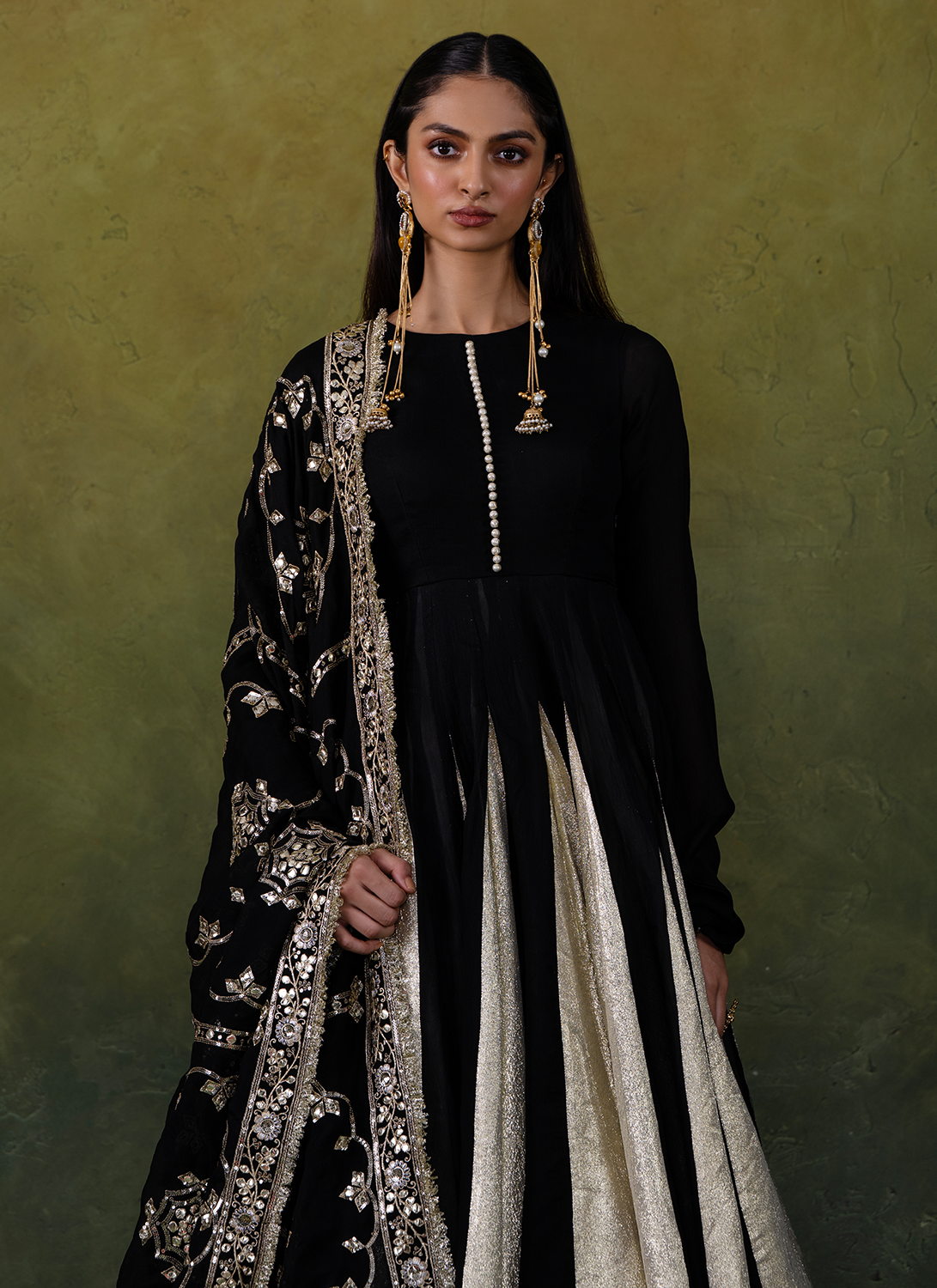 Black and Gold Embroidered Satin Anarkali