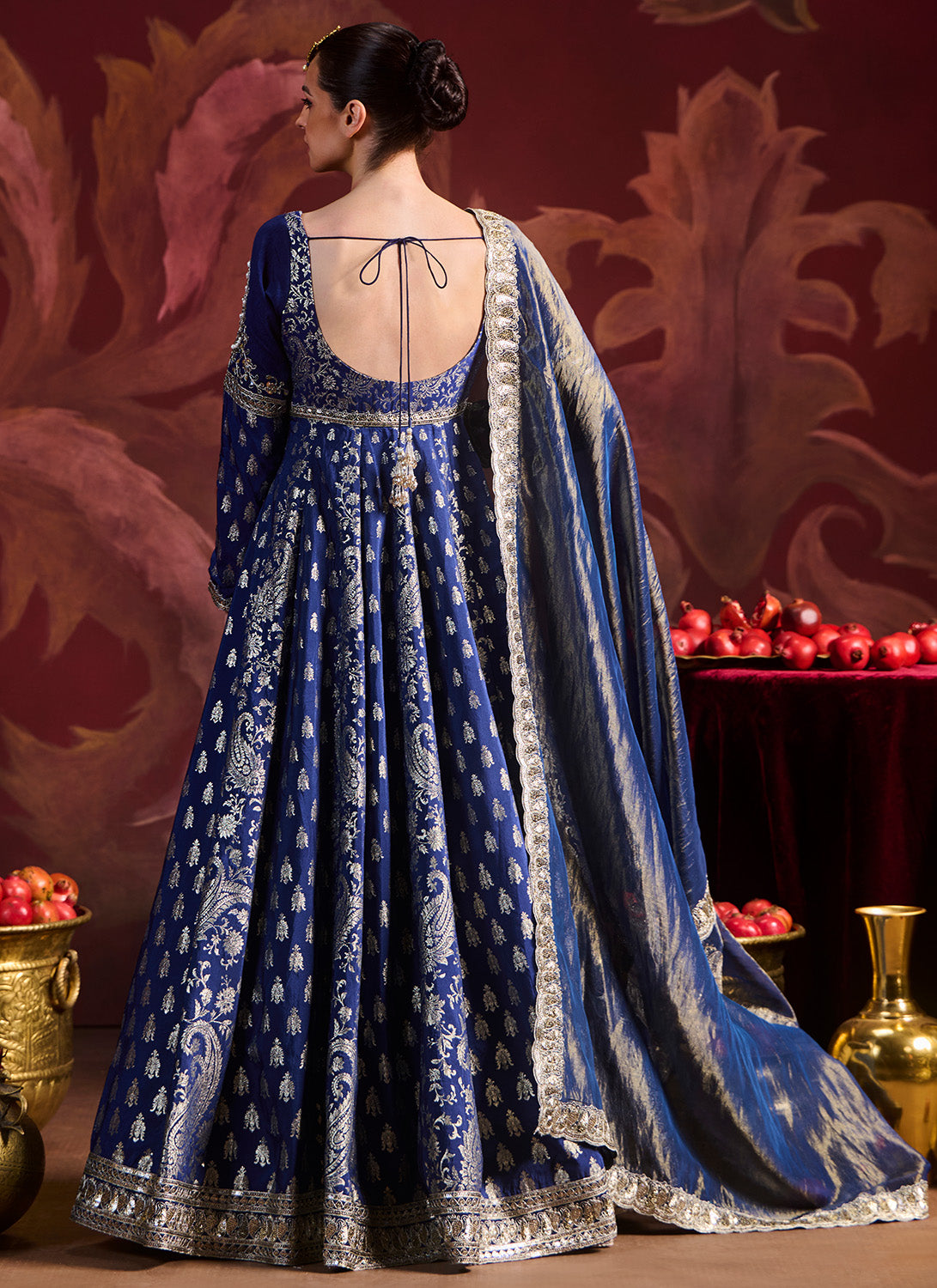 Navy Blue Embroidered Brocade Anarkali