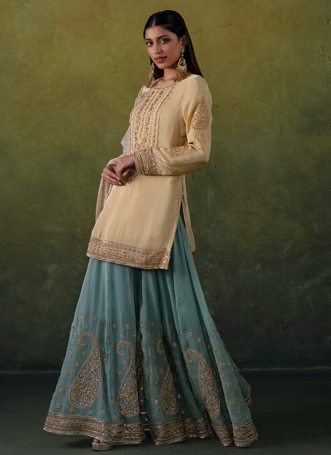 Beige and Sea Green Embroidered Crepe Sharara