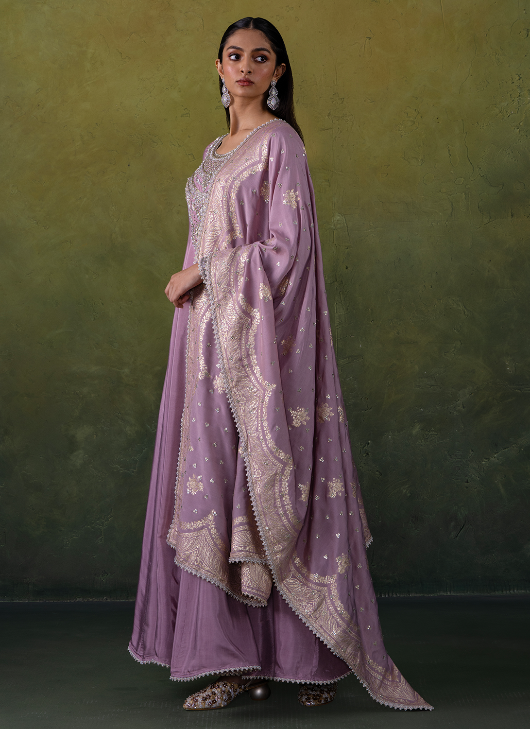 Dusty Lilac Embroidered Viscose Silk Anarkali