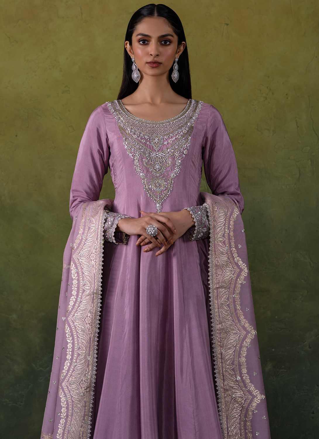Dusty Lilac Embroidered Viscose Silk Anarkali