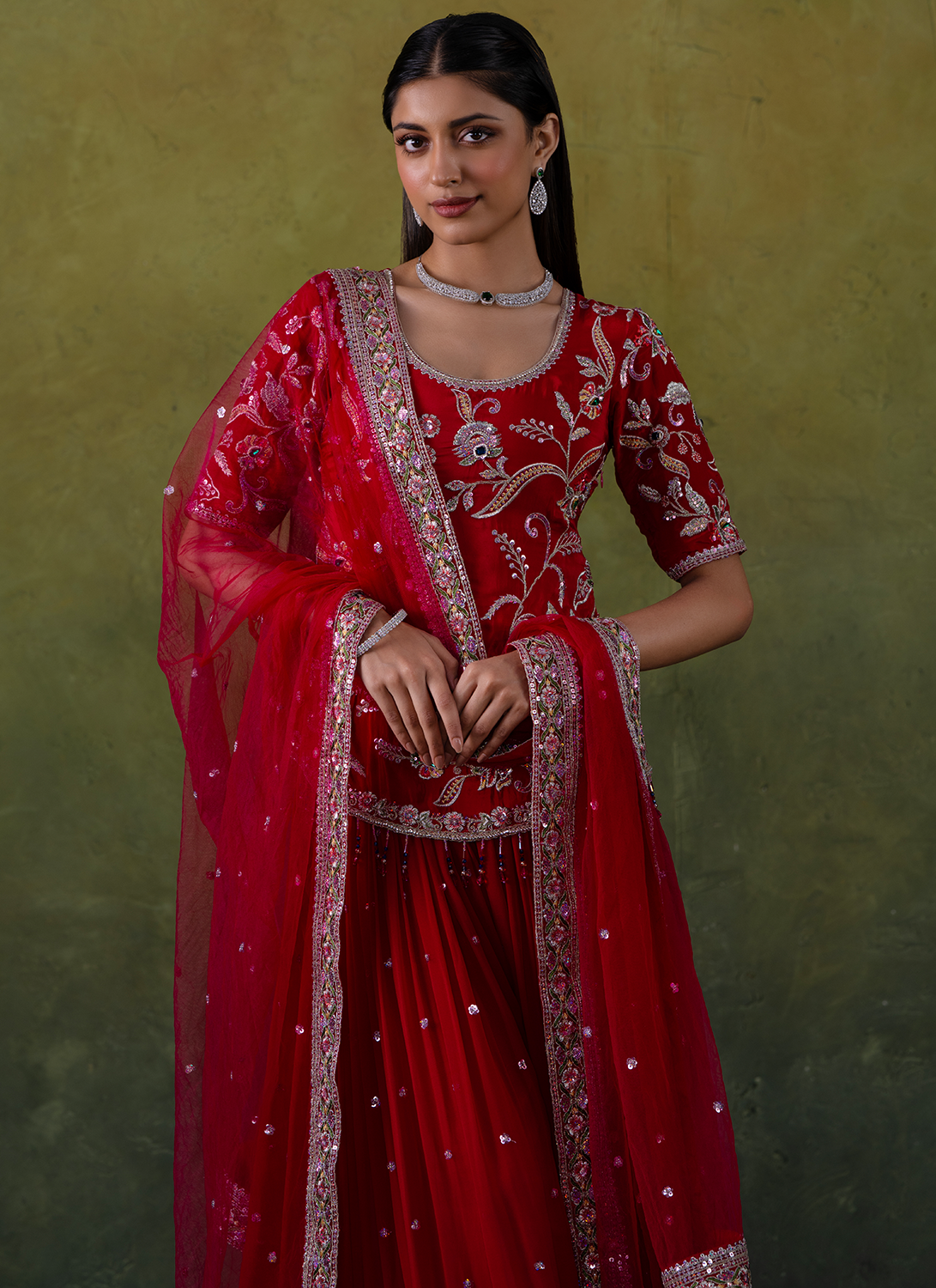 Pink Embroidered Crepe Sharara Suit