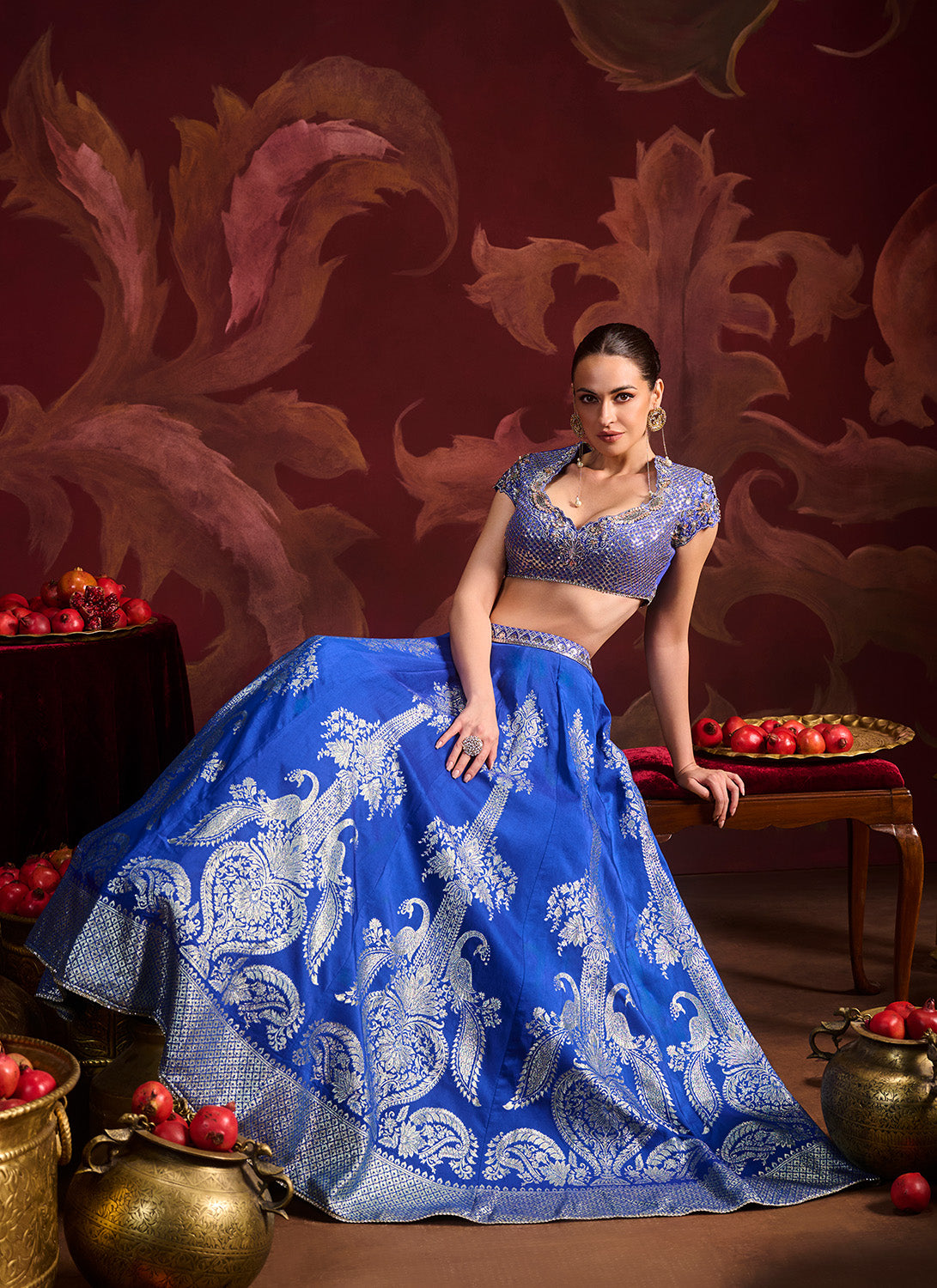 Royal Blue Embroidered Brocade Lehenga