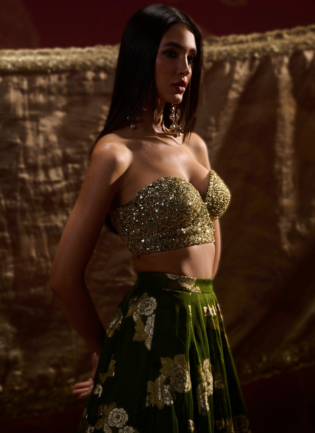Olive Green Embroidered Brocade Lehenga