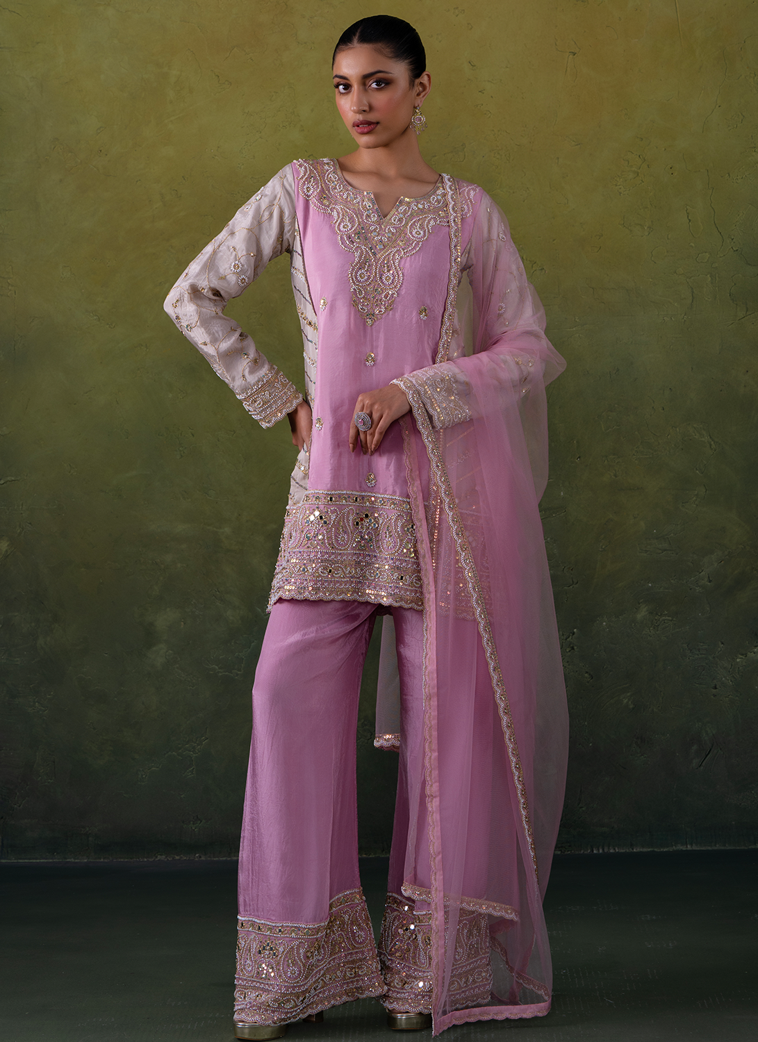 Pink Embroidered Organza Straight Suit