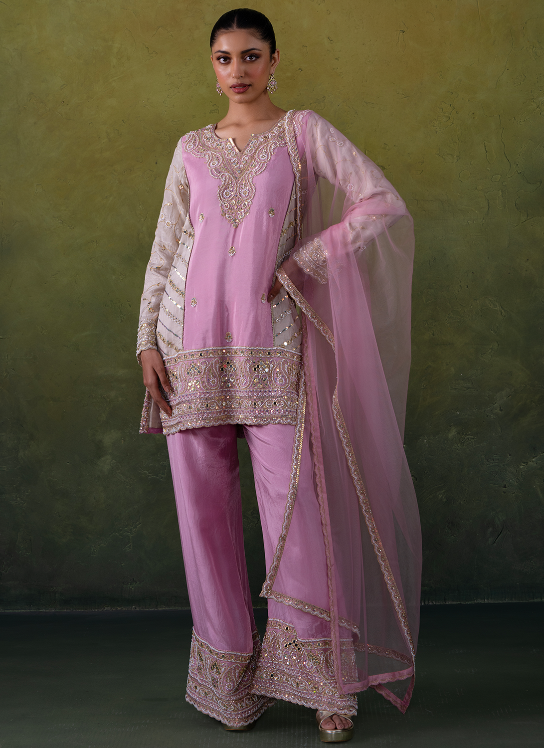 Pink Embroidered Organza Straight Suit