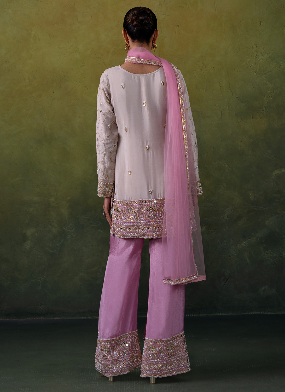 Pink Embroidered Organza Straight Suit