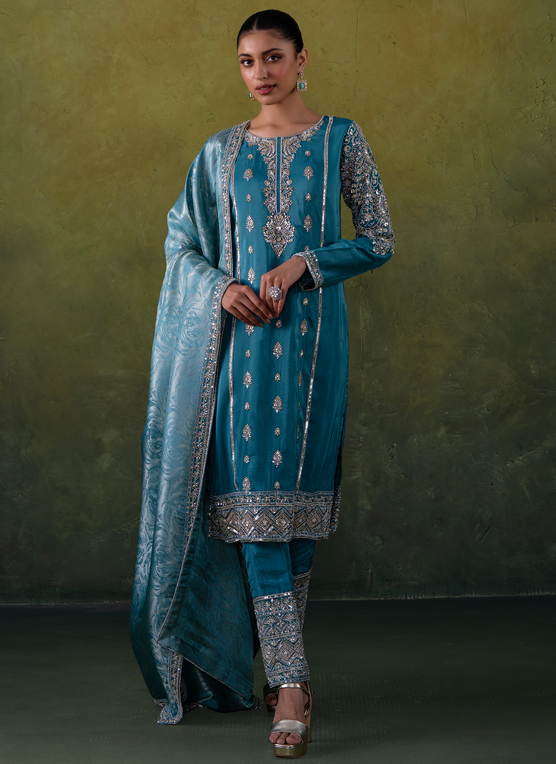 Teal Blue Embroidered Organza Straight Suit
