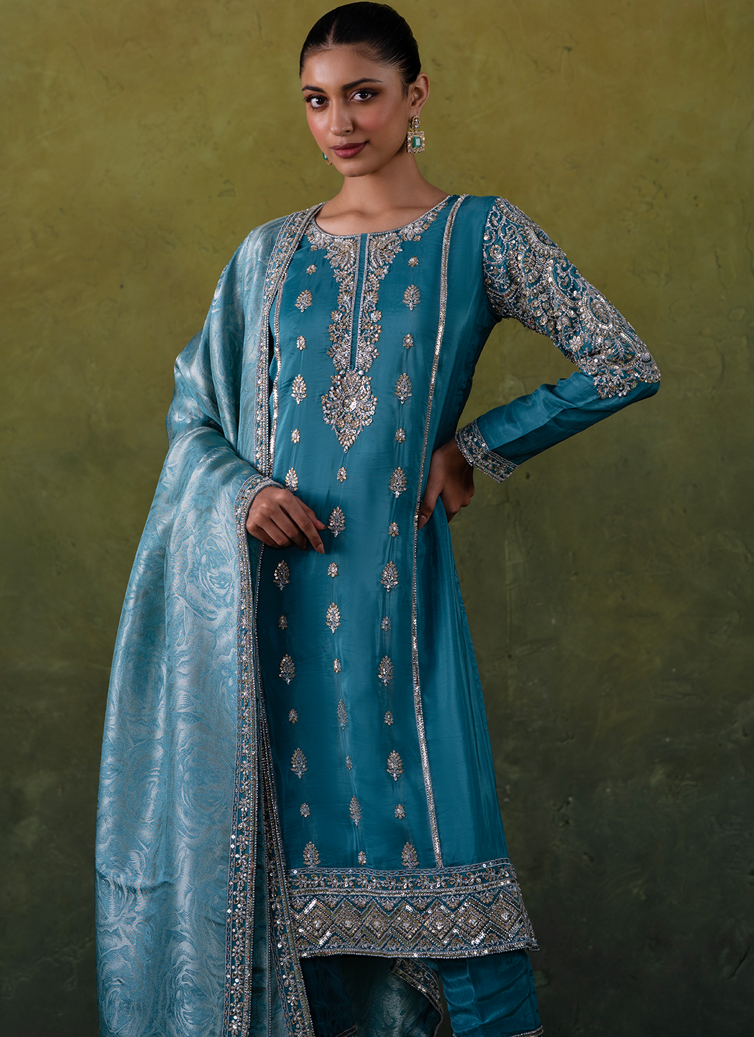 Teal Blue Embroidered Organza Straight Suit