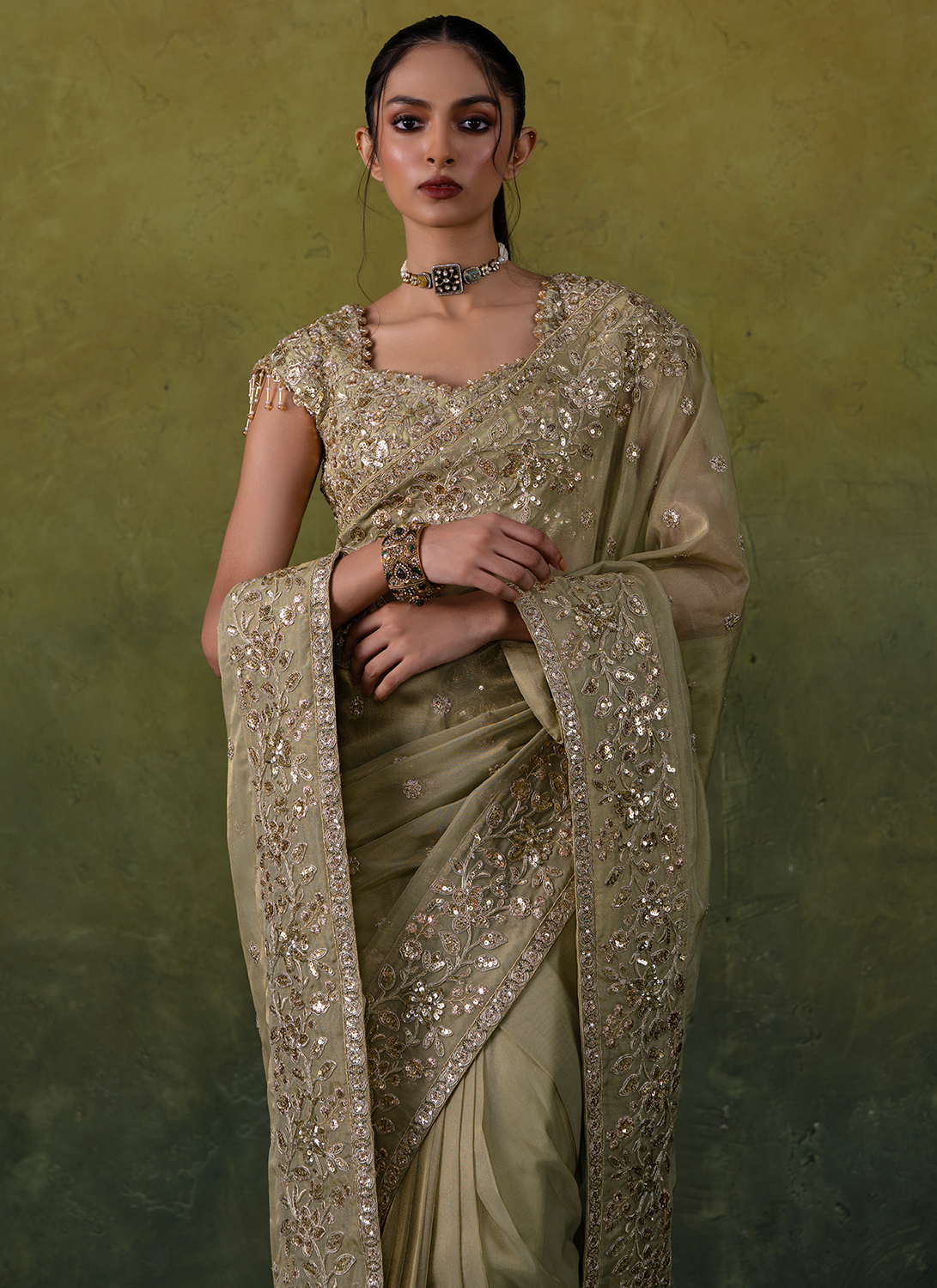 Green Embroidered Tissue Saree