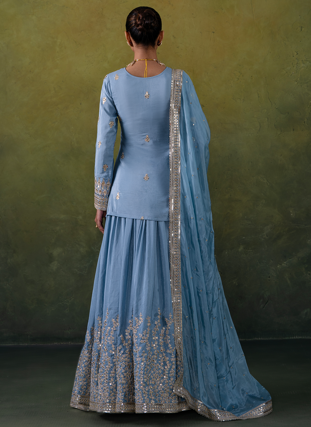 Light Blue Embroidered Crepe Kurti Style Lehenga