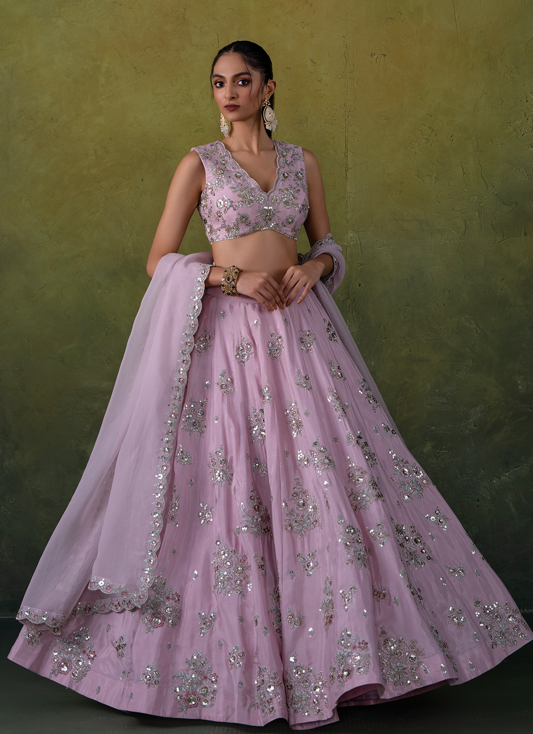Light Pink Embroidered Viscose Silk Lehenga