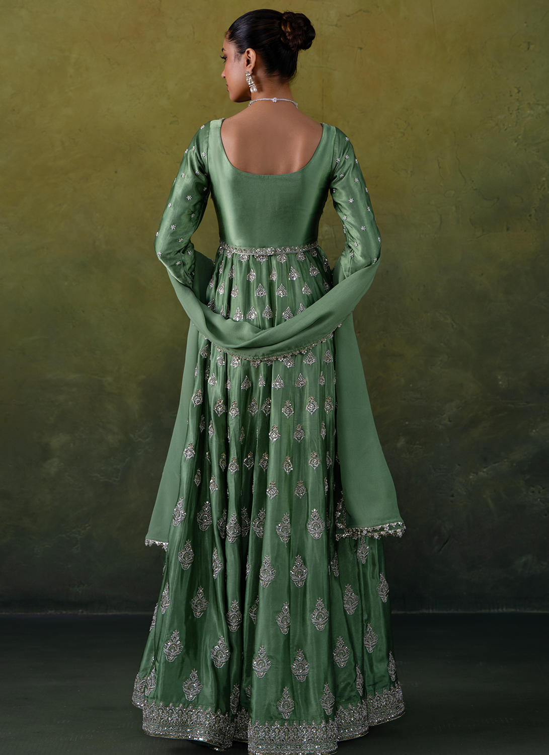 Green Embroidered Silk Anarkali