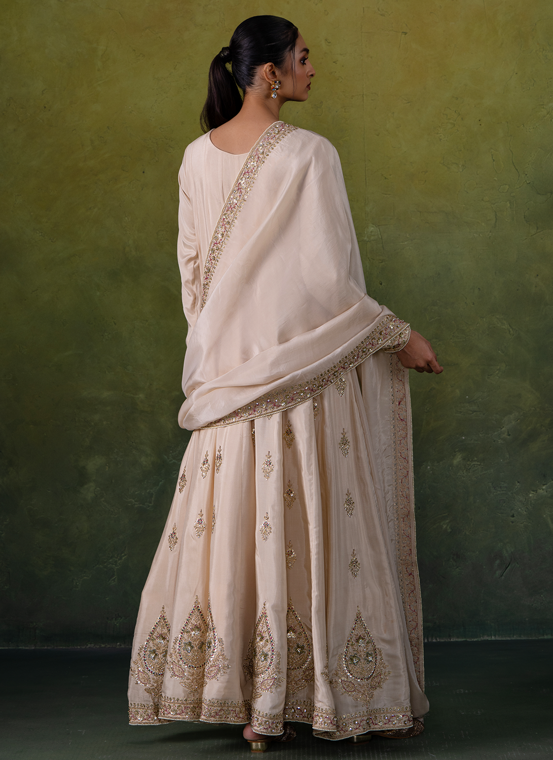 Off White Embroidered Viscose Silk Anarkali
