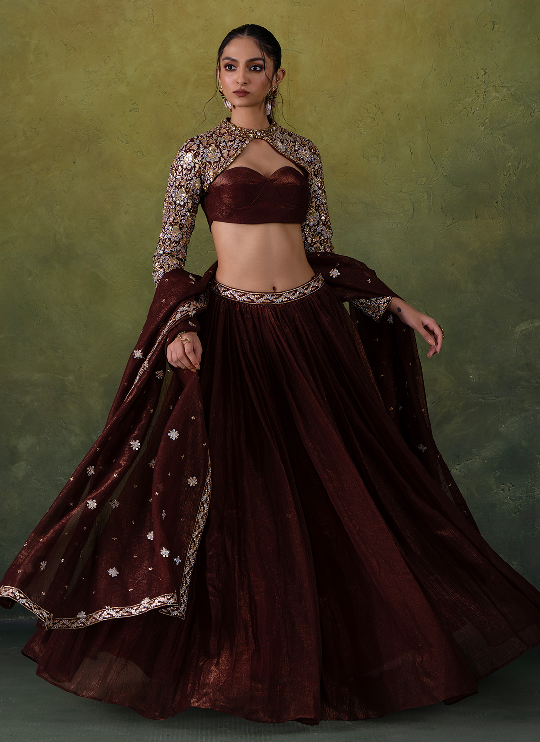 Brown Embroidered Organza Lehenga