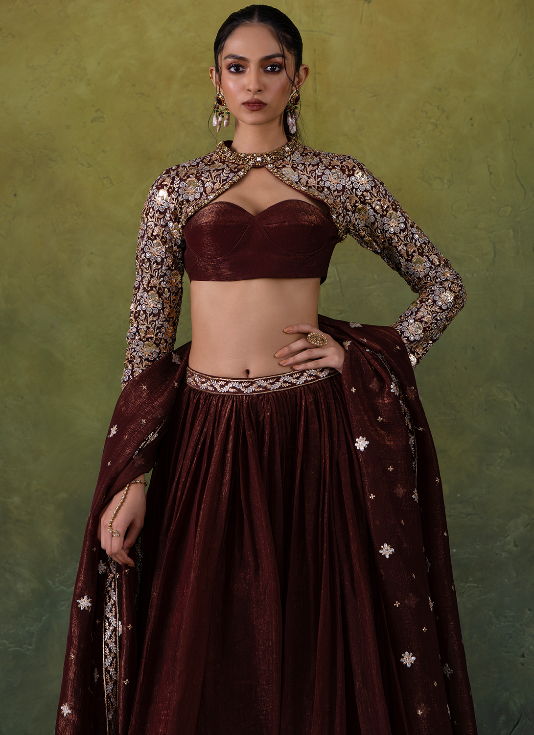 Brown Embroidered Organza Lehenga