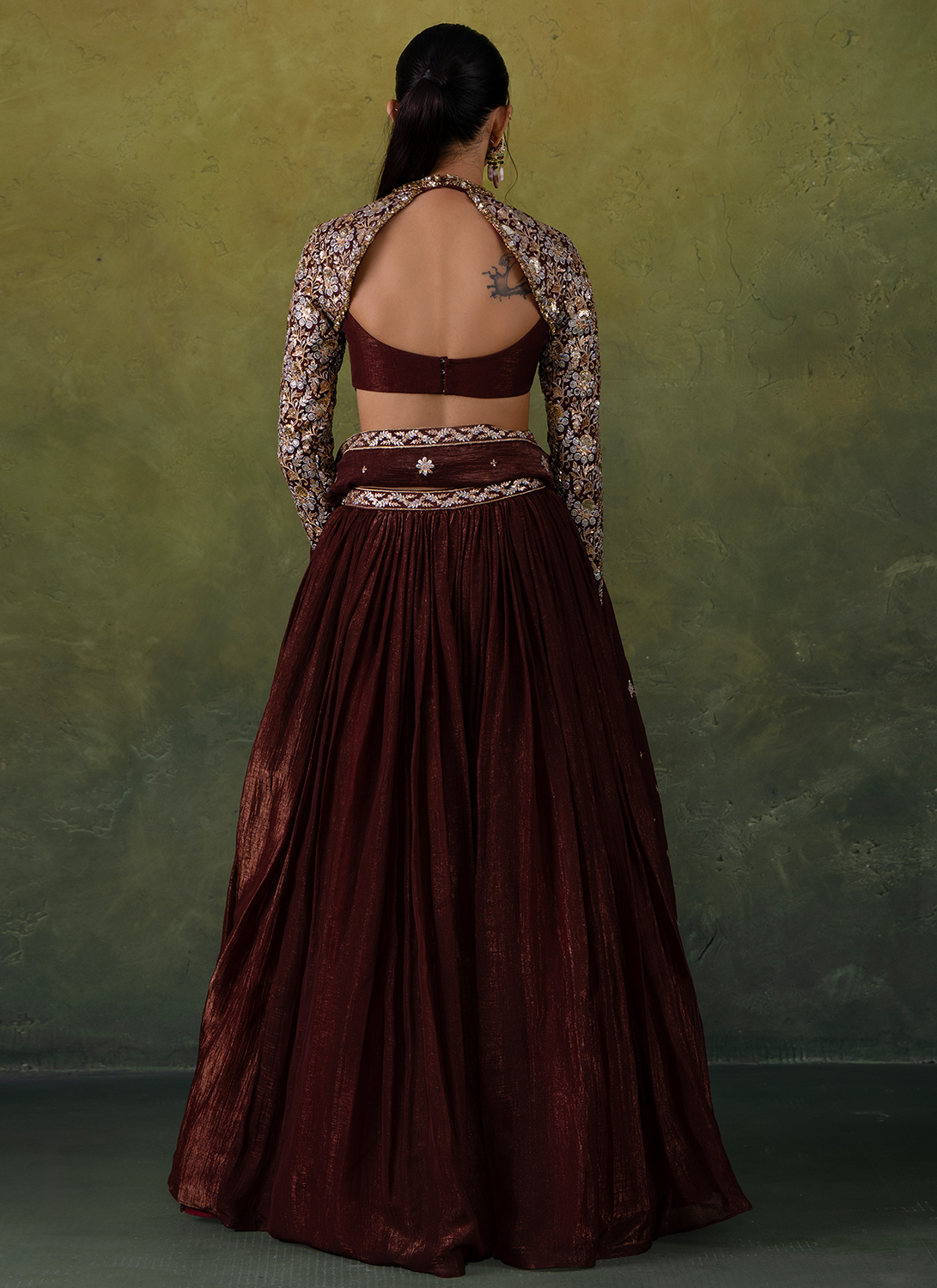 Brown Embroidered Organza Lehenga