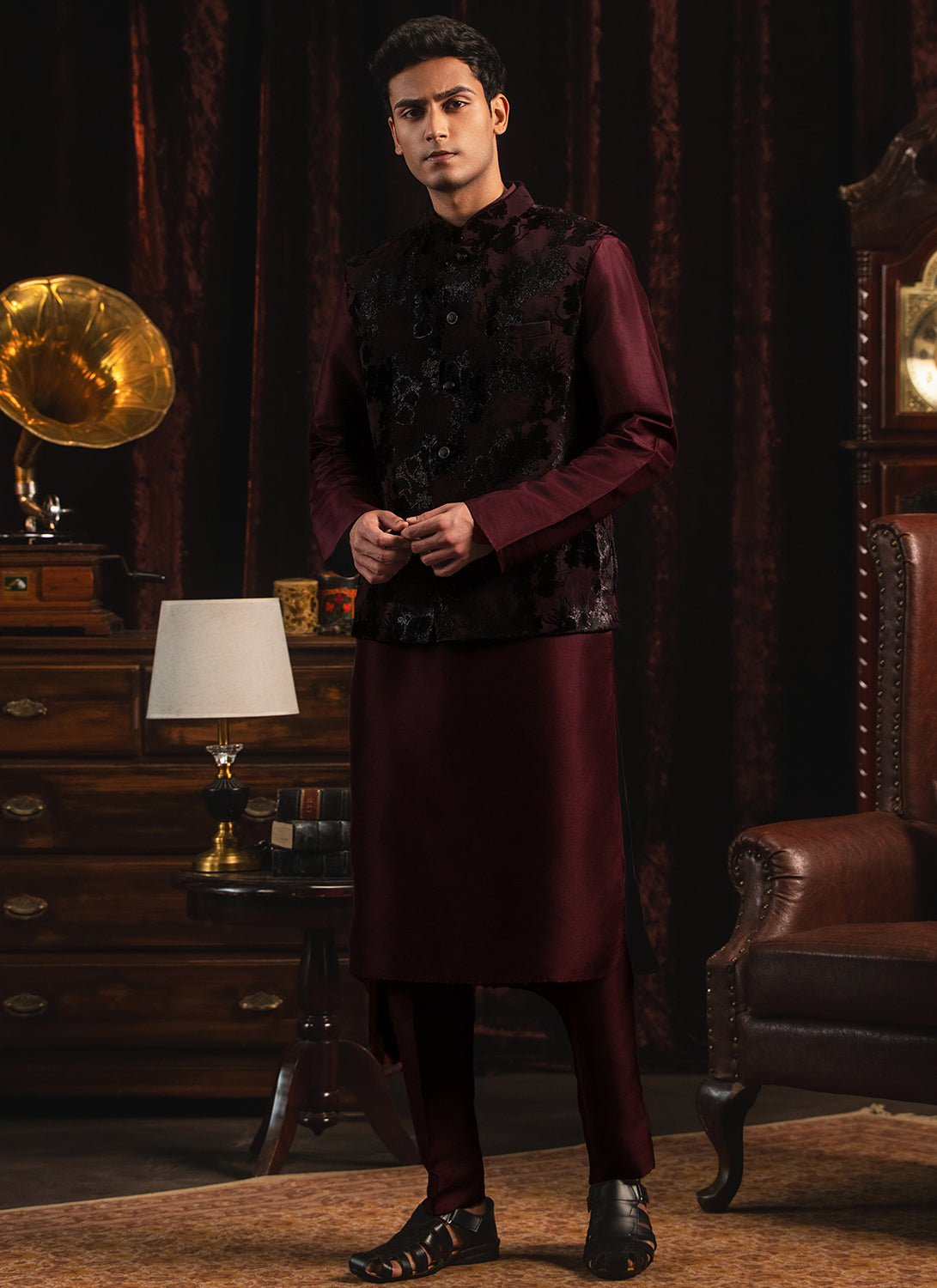 Maroon Silk Nehru Jacket Set