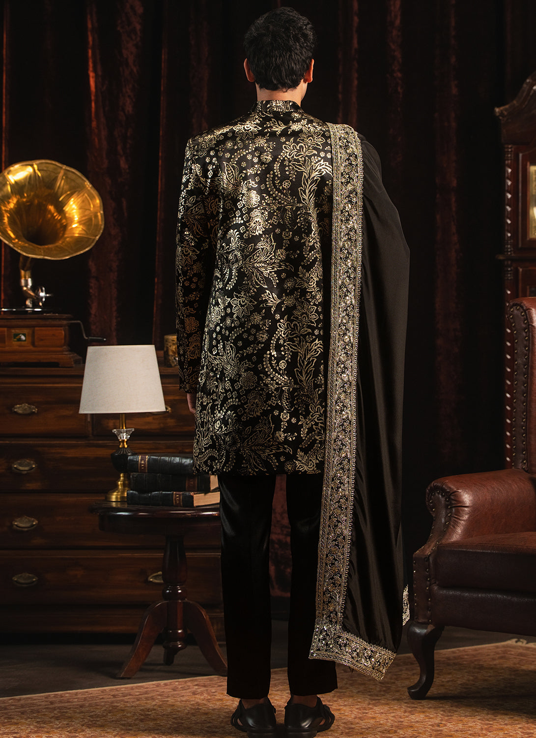 Black Foil Printed Sherwani Set
