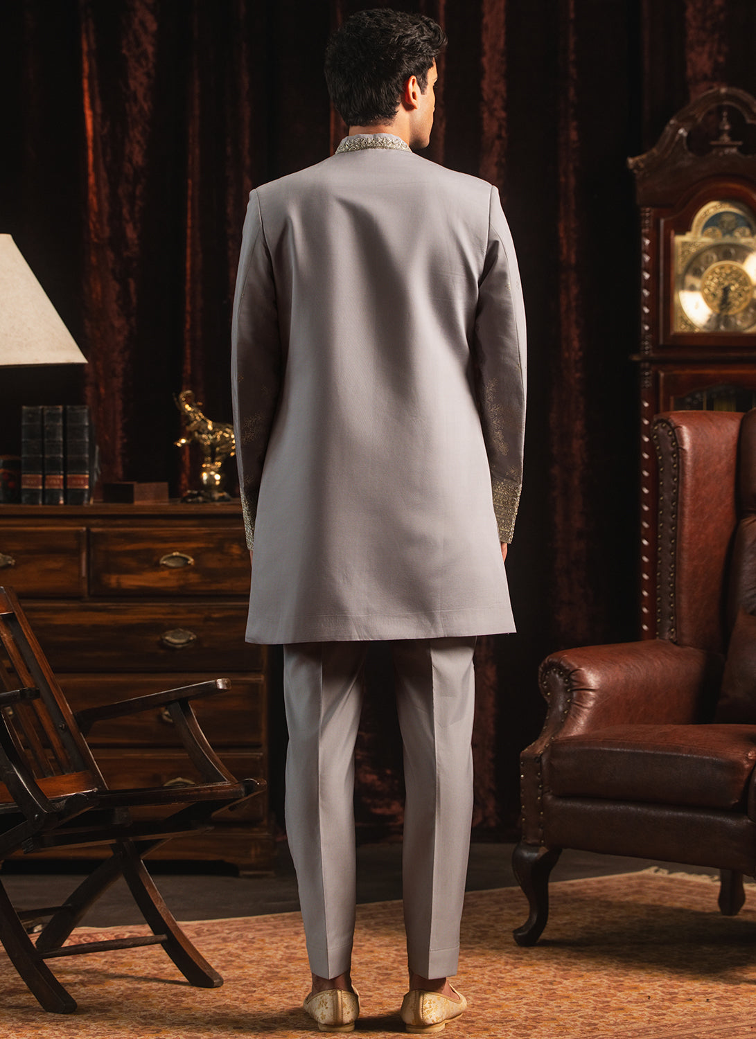 Grey Foil Printed Sherwani