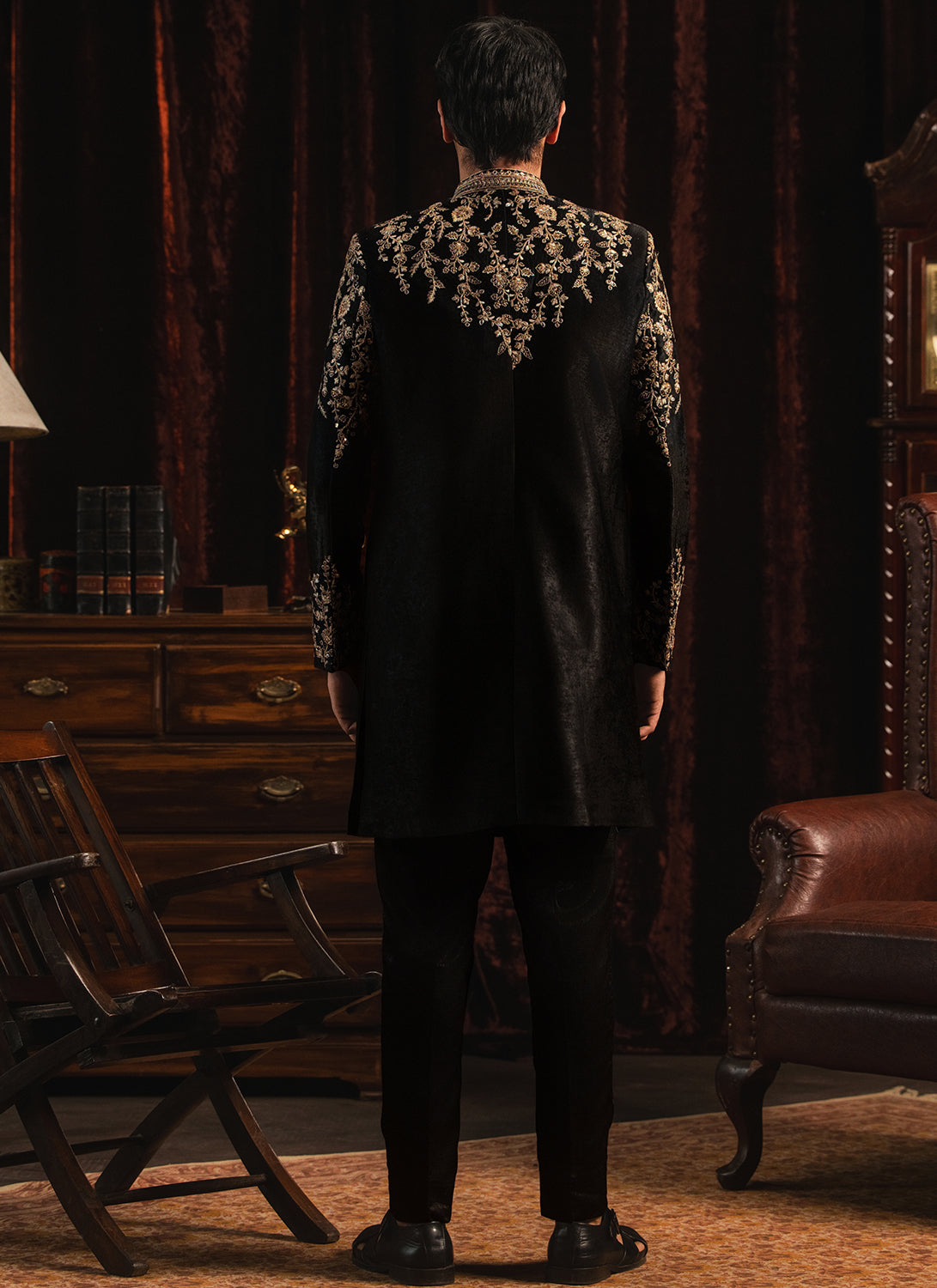 Black and Gold Embroidered Satin Sherwani