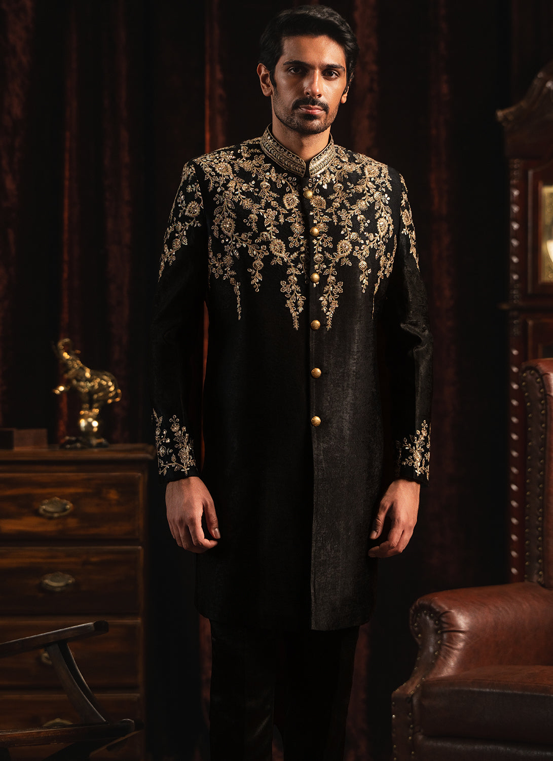 Black and Gold Embroidered Satin Sherwani