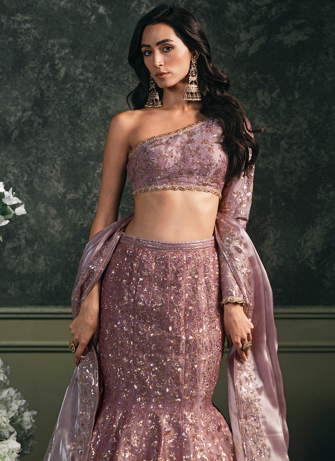Light Purple Fishcut Embroidered Lehenga