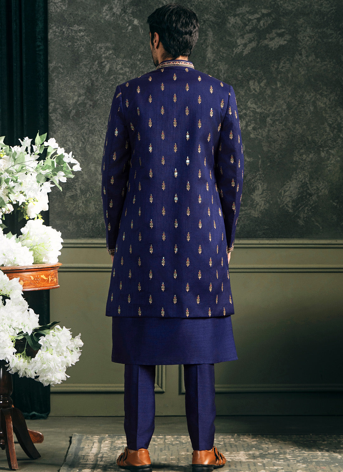 Blue Embroidered Silk Sherwani Set