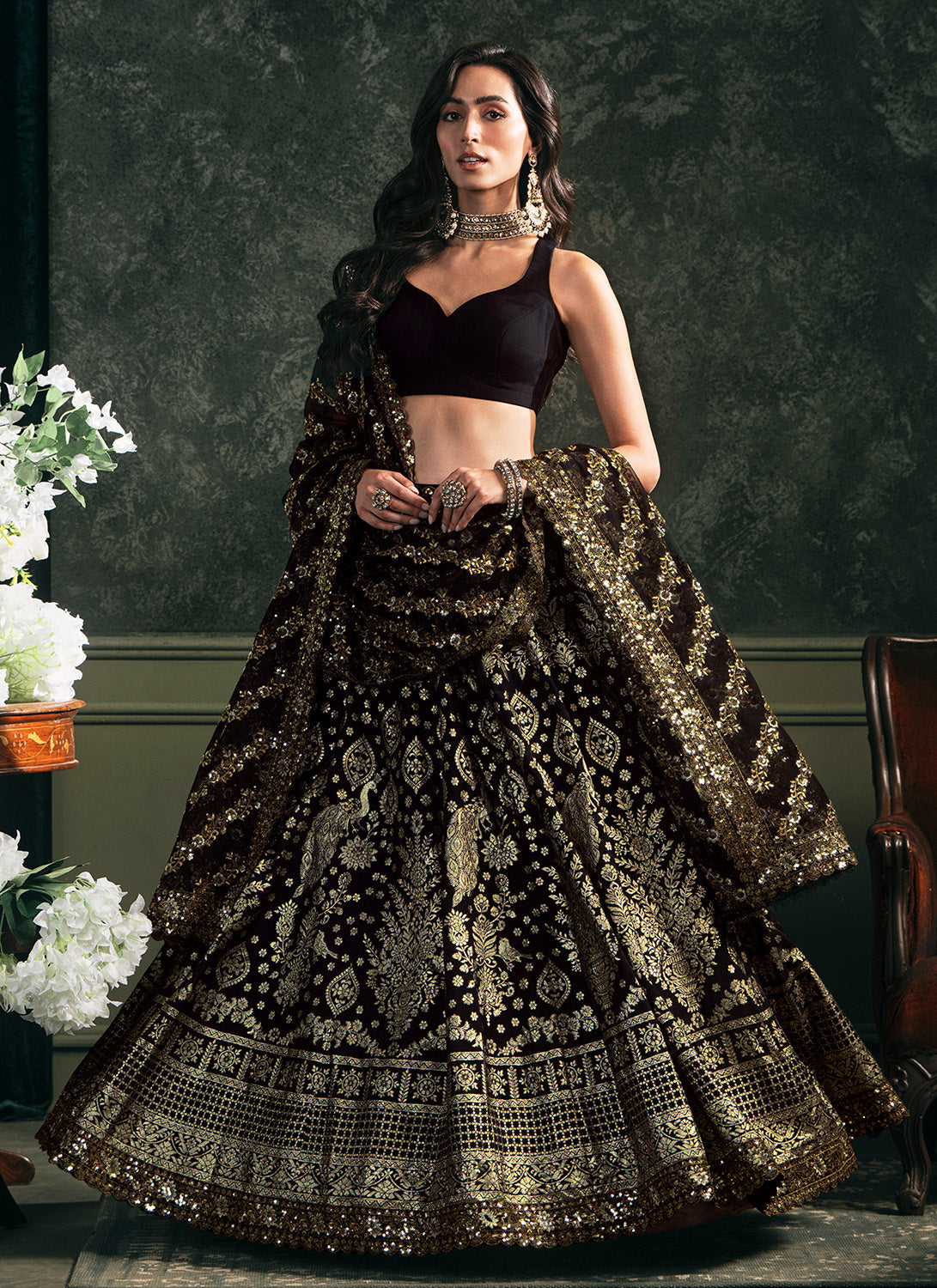 Black Embroidered Brocade Lehenga