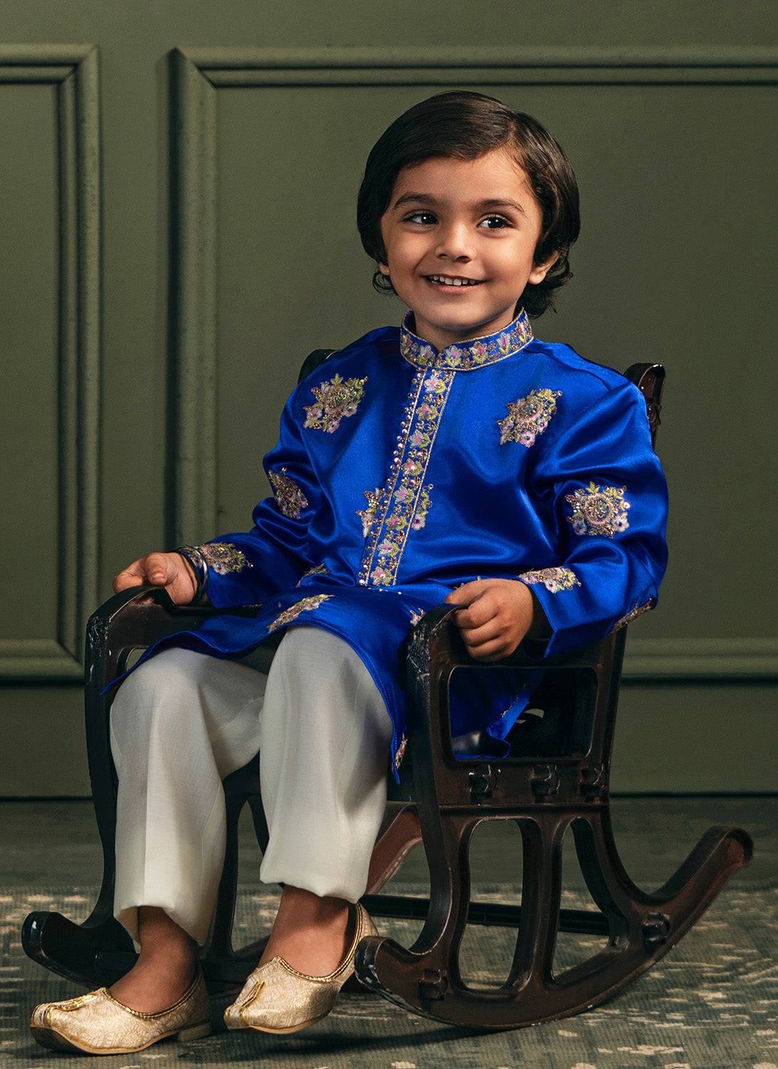 Kids Royal Blue Embroidered Satin Kurta Set