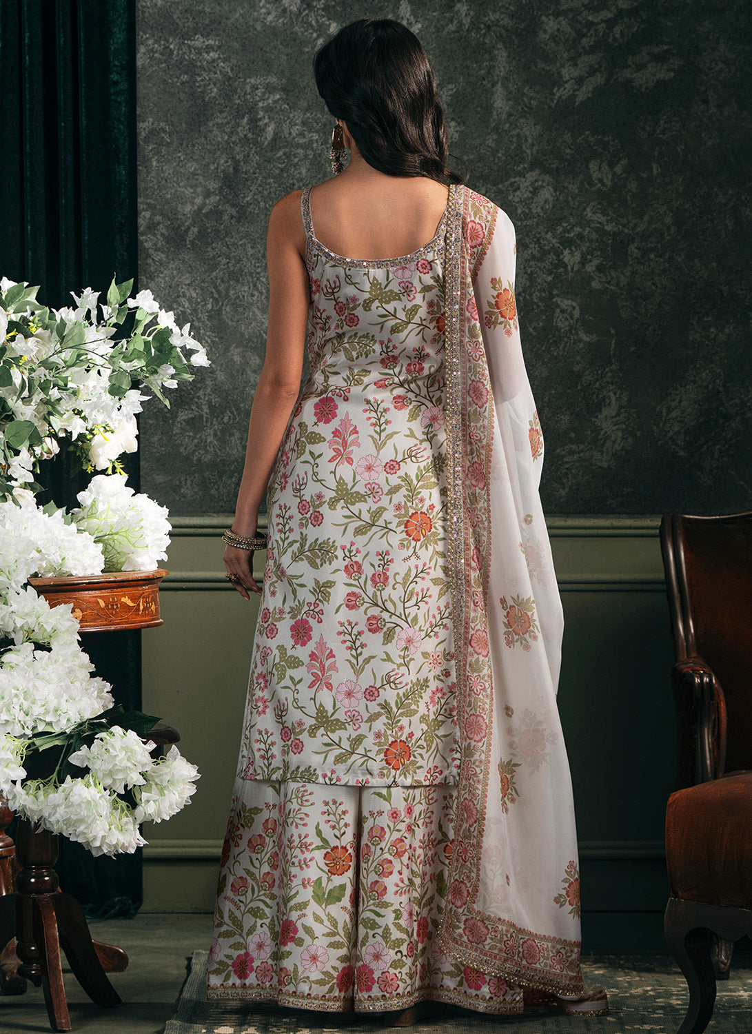 Off White Multicolor Printed Palazzo Suit