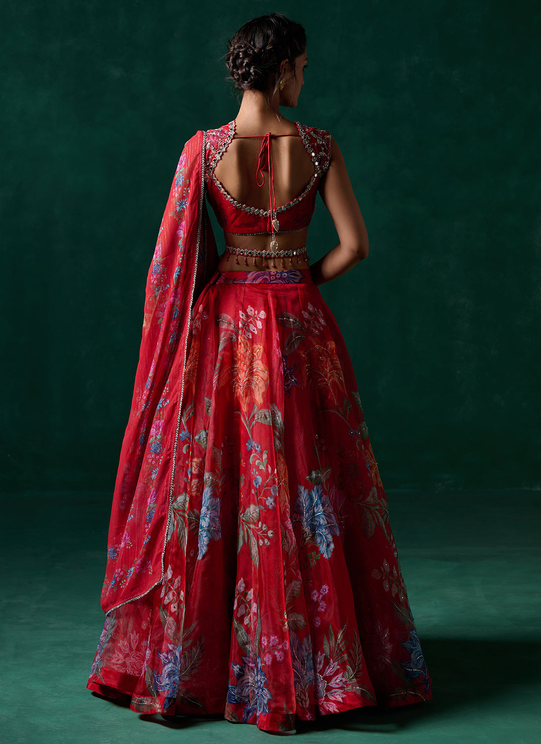 Red Multicolor Floral Printed Lehenga