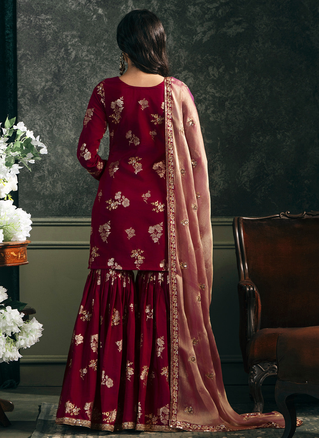 Wine Embroidered Brocade Gharara