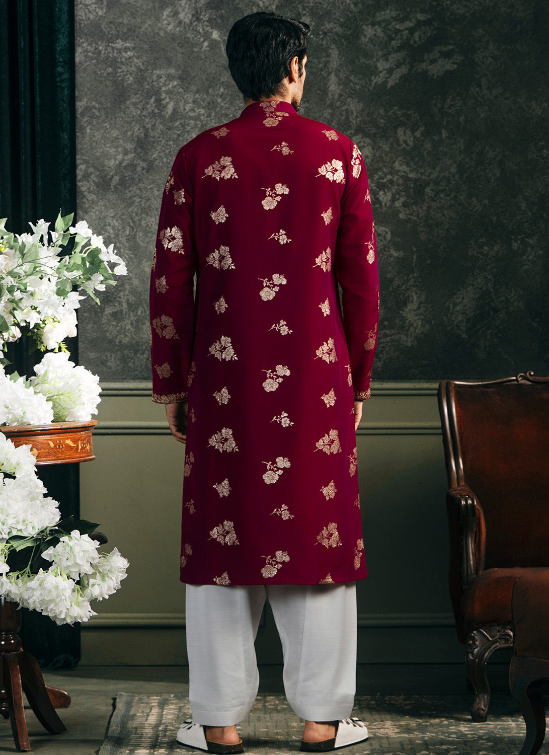 Wine Embroidered Brocade Kurta Set