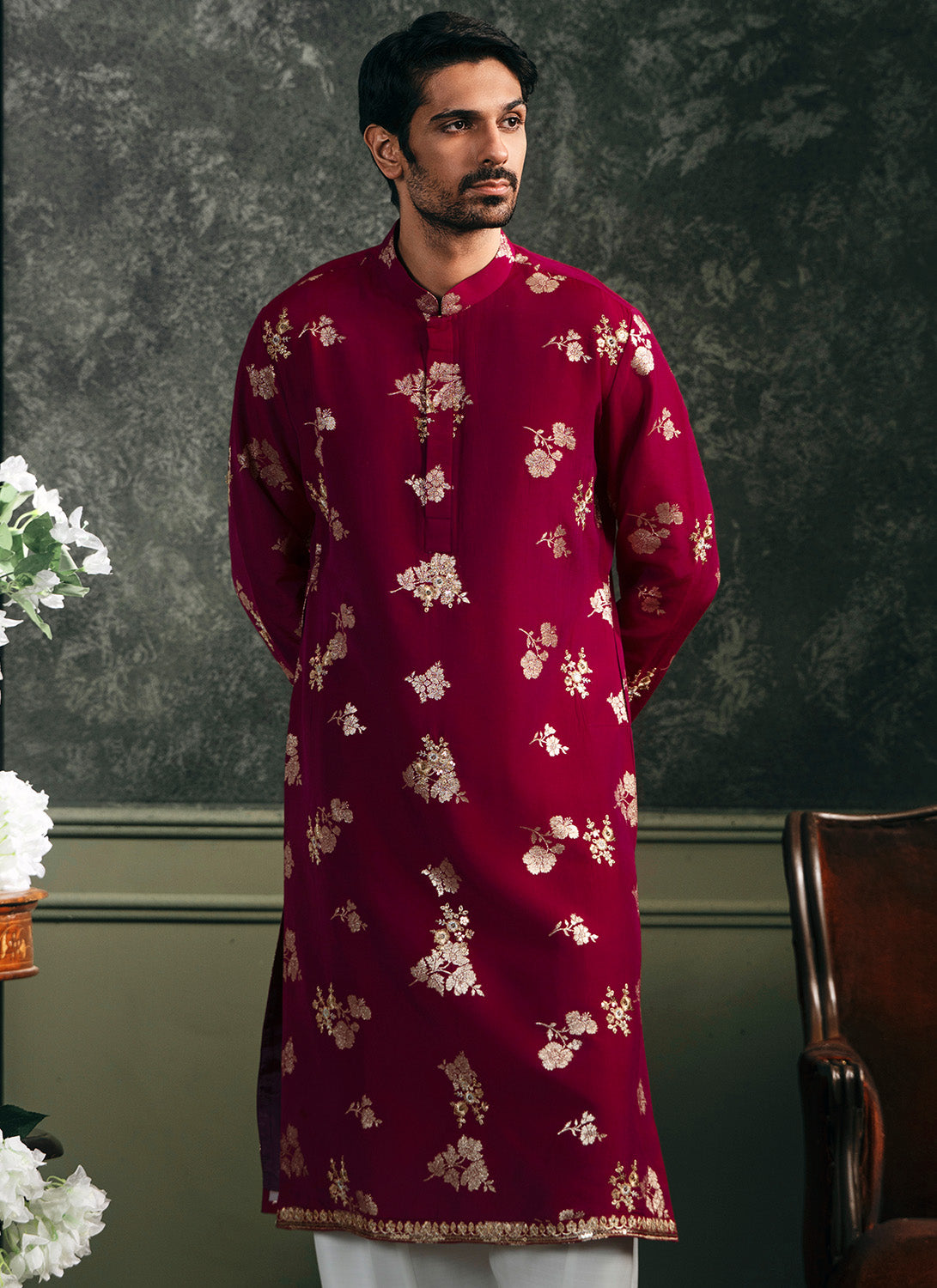 Wine Embroidered Brocade Kurta Set