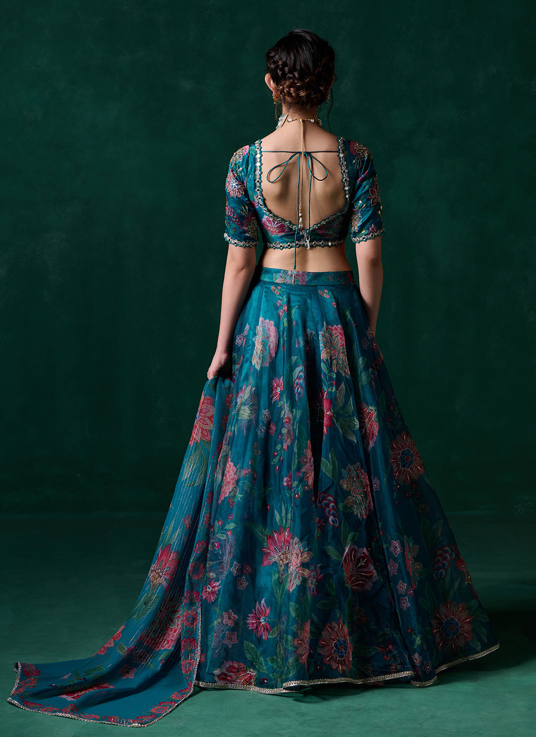 Teal Green Multicolor Floral Printed Lehenga